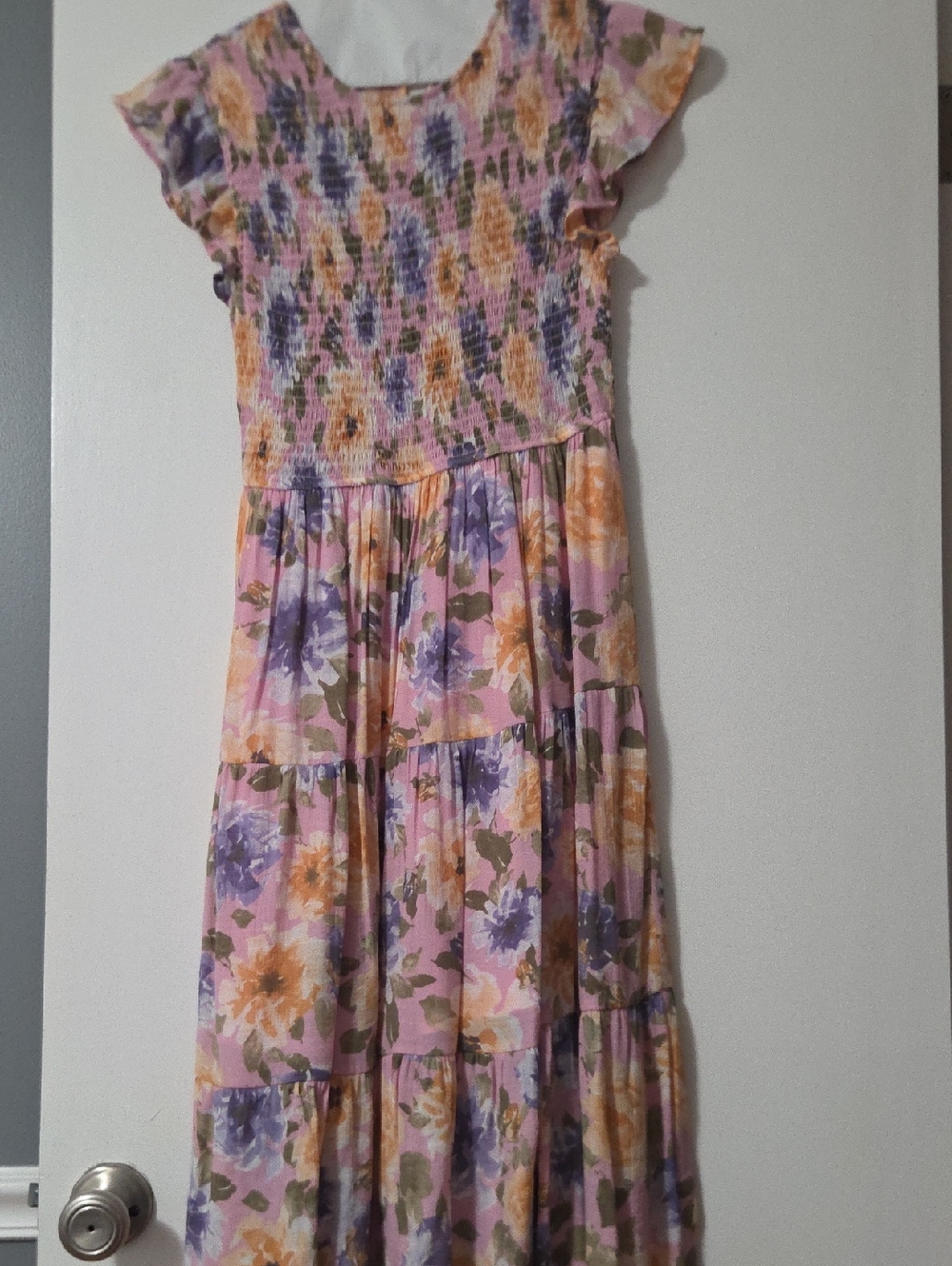 Smocked Pink Floral Maxi Dress with Purple & Yellow Blooms